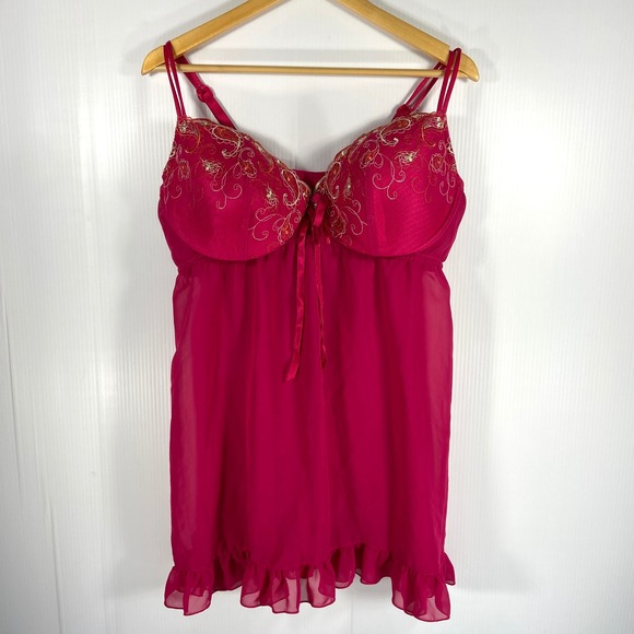 Cacique Hot Pink Sheer Babydoll Teddie Lingerie Embroidered Womens Plus 22/24 - Picture 1 of 8